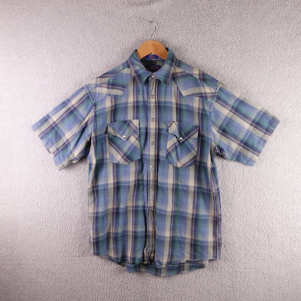 Pendleton Mens Blue Green Plaid Cotton Short Sleeve Western Pearl‎ Snap Shirt M
